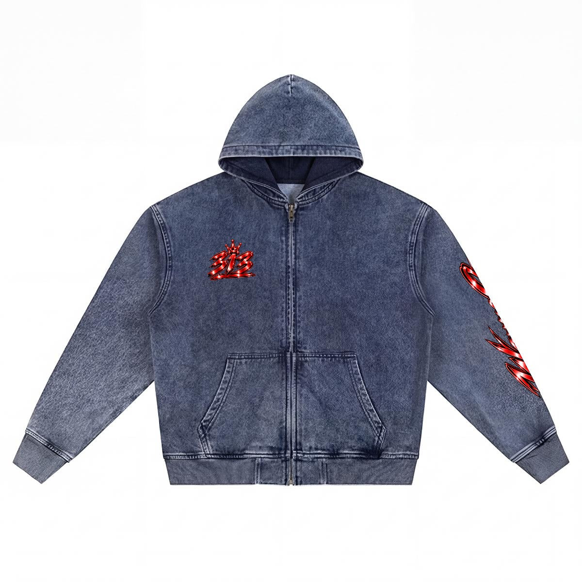 a- WAYNE CO 313 Washed Denim Zip Hoodie