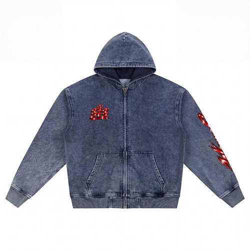 a- WAYNE CO 313 Washed Denim Zip Hoodie